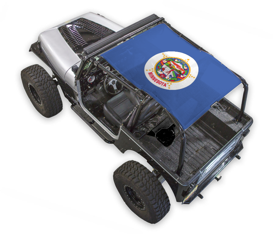 Sun shade top for Jeep Wrangler YJ by SpiderWebShade; blue printed shade with Minnesota state seal.