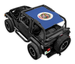 SpiderWebShades Jeep Wrangler TJ Sun Shade top, blue printed shade with circular seal graphic (1997–2006)