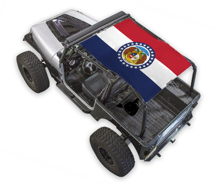 Sun shade for Jeep Wrangler YJ by SpiderWebShade with red, white, and blue flag print