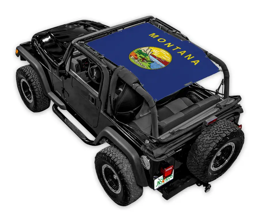 Sun shade for Jeep Wrangler TJ (1997–2006) by SpiderWebShade, blue with Montana flag print