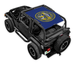 SpiderWebShade sun shade on Jeep Wrangler TJ (1997–2006); blue printed shade top with yellow seal logo