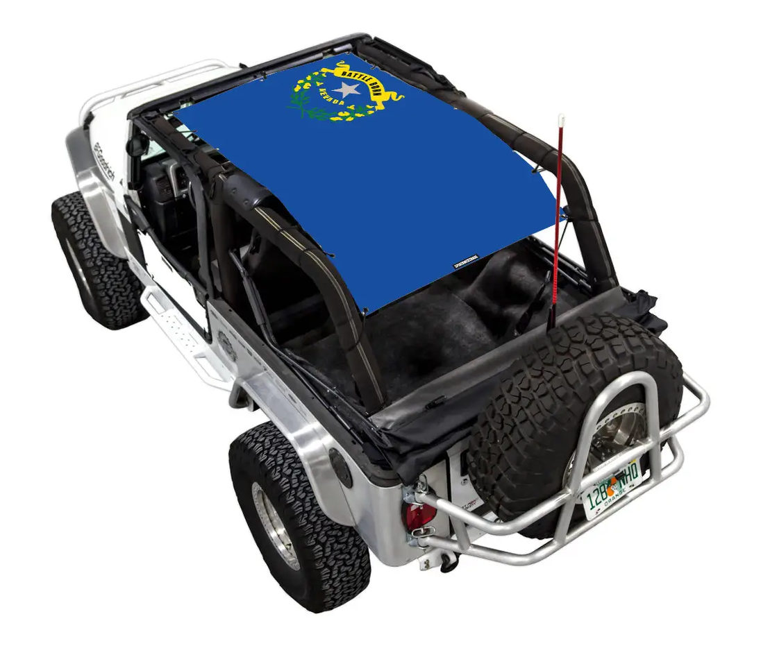 Sun shade top for Jeep Wrangler LJ (2004–2006) by SPIDERWEBSHADE; blue printed shade