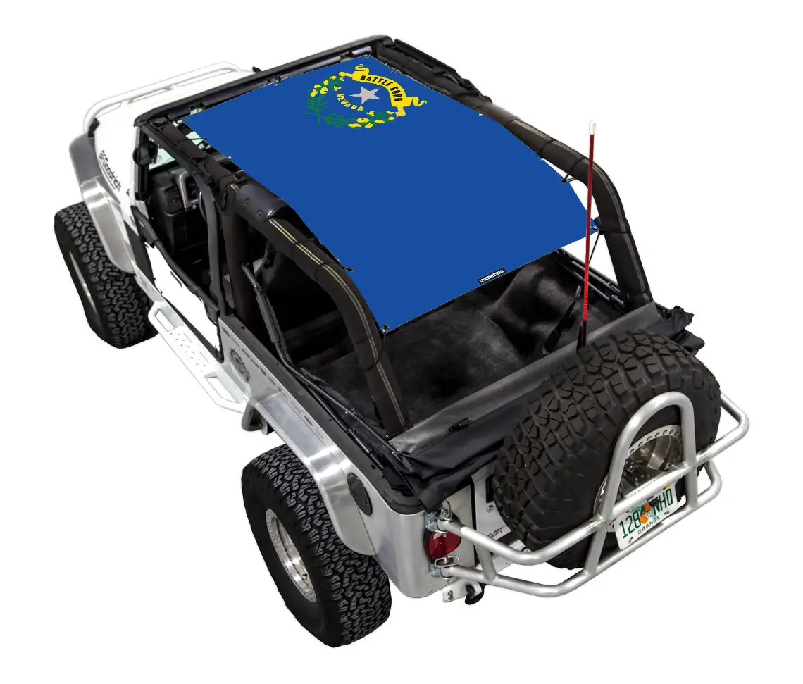 Sun shade top for Jeep Wrangler LJ (2004–2006) by SPIDERWEBSHADE; blue printed shade