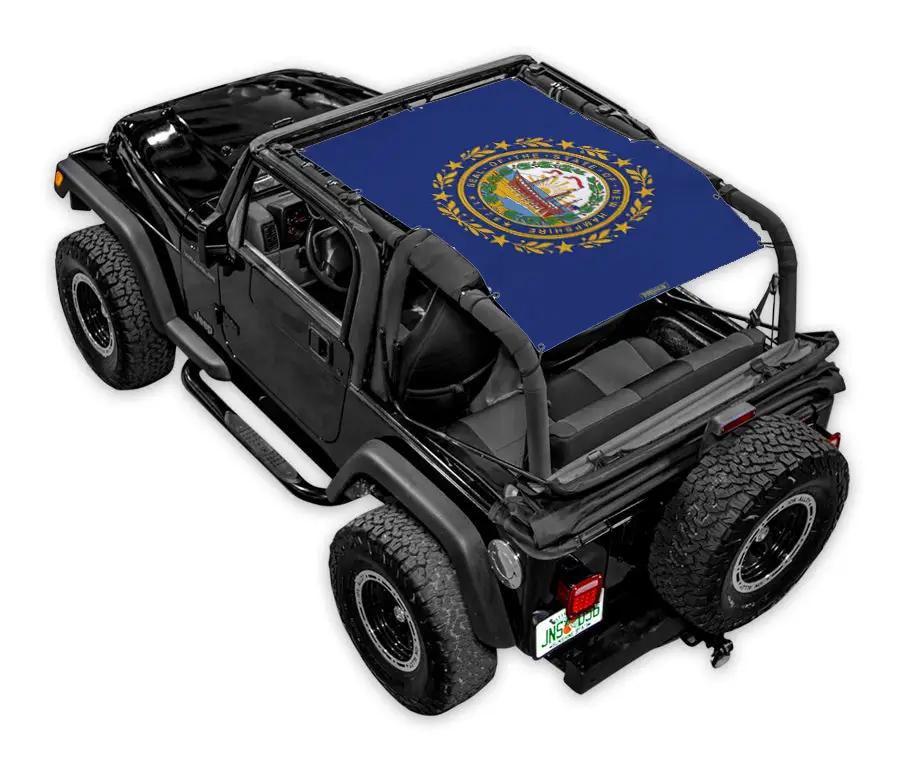 Sun shade for Jeep Wrangler TJ by SpiderWebShade; blue printed shade with state seal