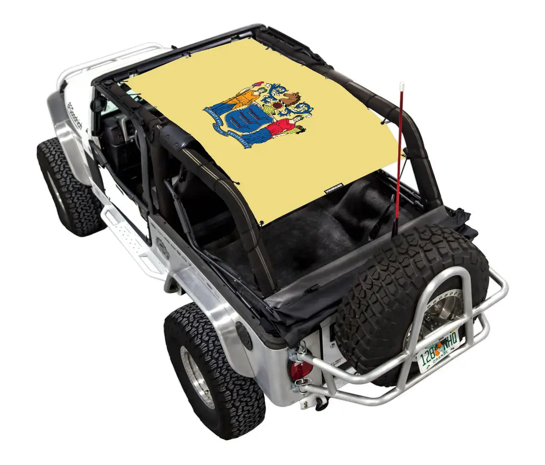 Sun Shade for Jeep Wrangler LJ (2004–2006) by SpiderWebShade; tan stock printed shade top.