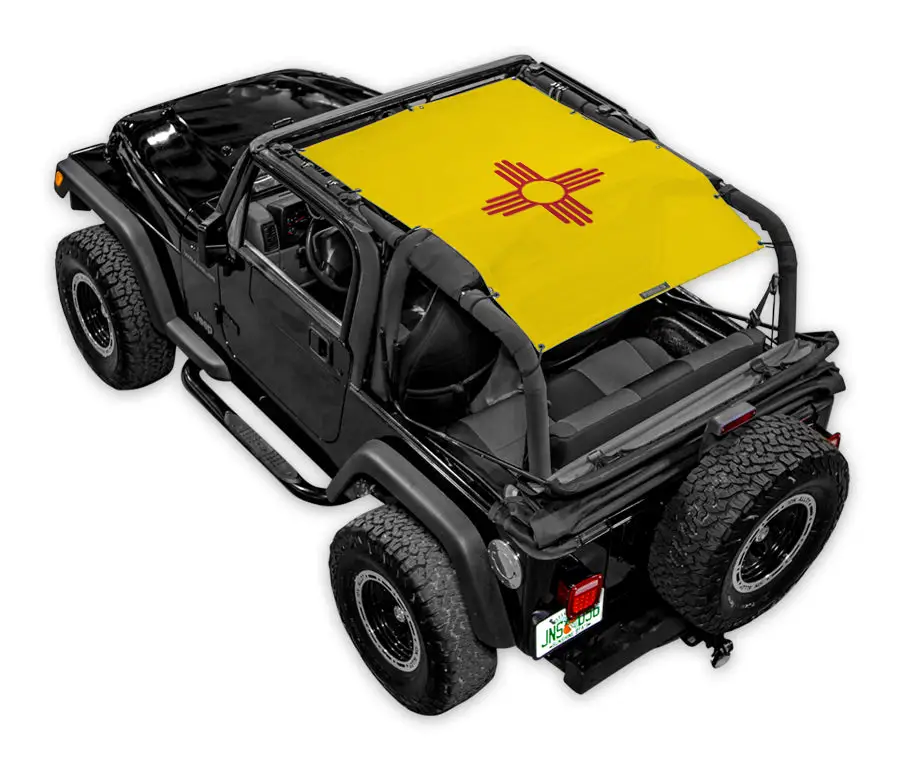 Sun Shade for Jeep Wrangler TJ by SpiderWebShade, stock printed yellow shade top with red sun emblem