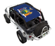 Sun shade top for Jeep Wrangler LJ (2004–2006) by SpiderWebShade with blue printed crest design.