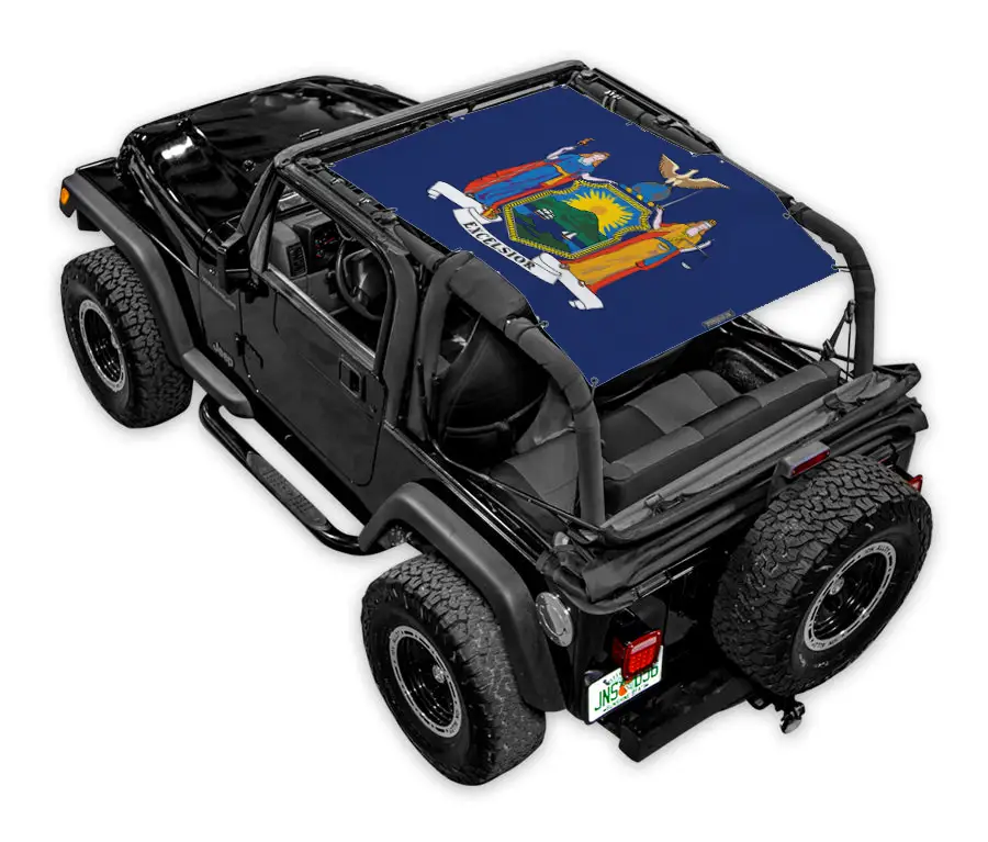 SpiderWebShade sun shade for Jeep Wrangler TJ (1997–2006), blue printed top with state seal design