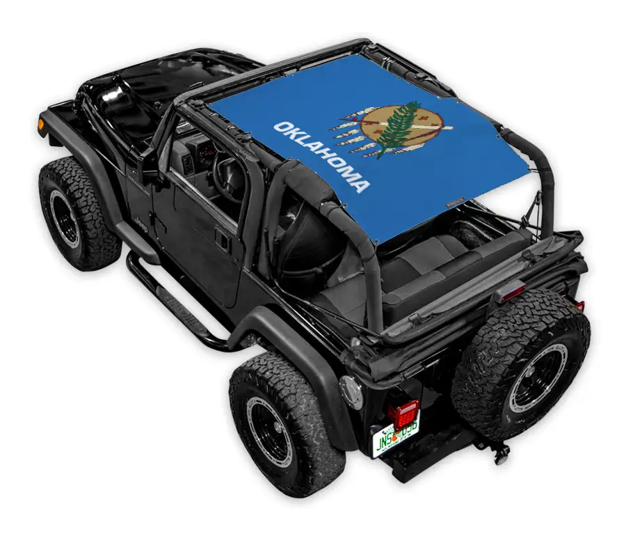 Sun shade for Jeep Wrangler TJ (1997–2006) with Oklahoma flag print by SpiderWebShade