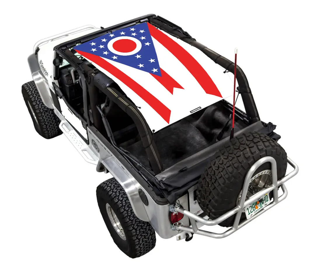 Sun shade SpiderWebShade for Jeep Wrangler LJ (2004–2006) with American flag print top