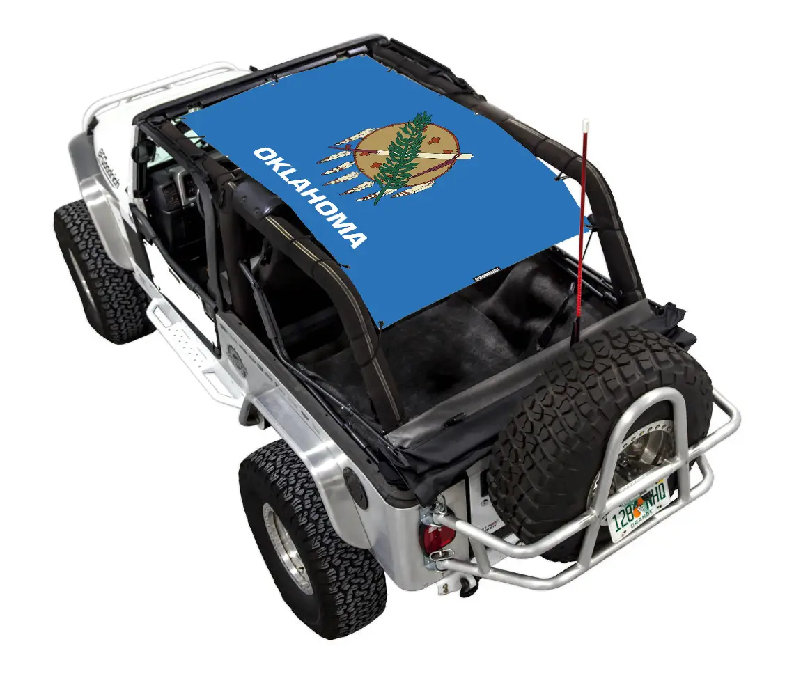 SpiderWebShade sun shade for Jeep Wrangler LJ (2004–2006) with blue Oklahoma flag print