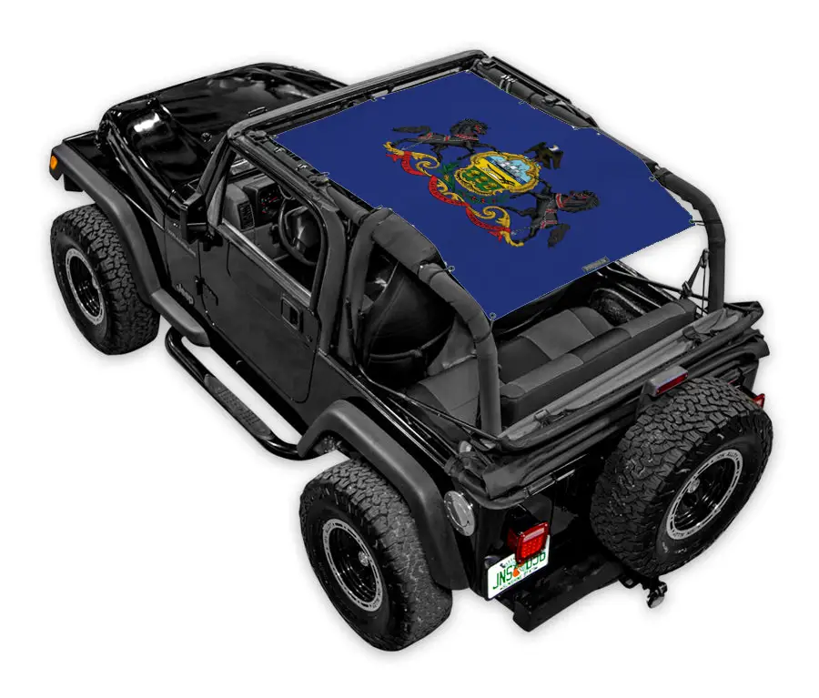 Sun shade for Jeep Wrangler TJ (1997–2006) by SPIDERWEBSHADE; blue printed crest shade top