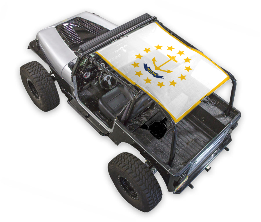 Jeep Wrangler YJ sun shade top by SPIDERWEBSHADE, white fabric with yellow border and star-circle print.