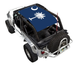 Sun shade top for Jeep Wrangler LJ (2004–2006) by SpiderWebShade; blue printed shade with palm-tree design