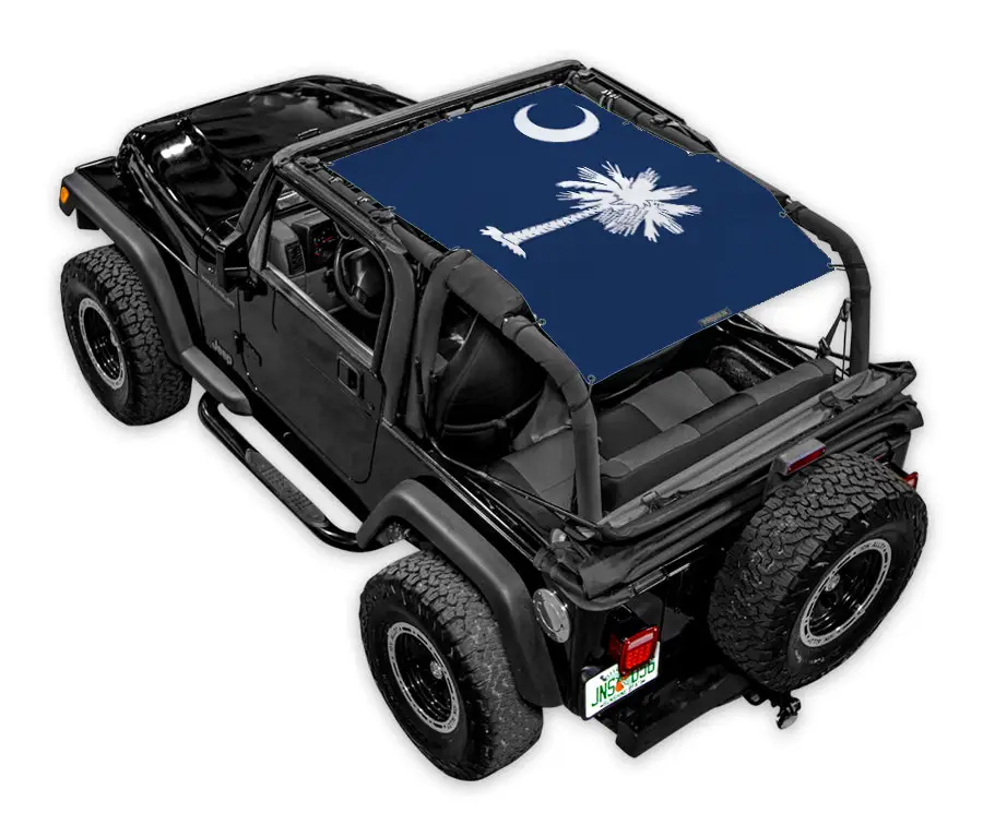 Jeep Wrangler TJ Sun Shade by SPIDERWEBSHADE; blue printed shade with white palmetto tree and crescent