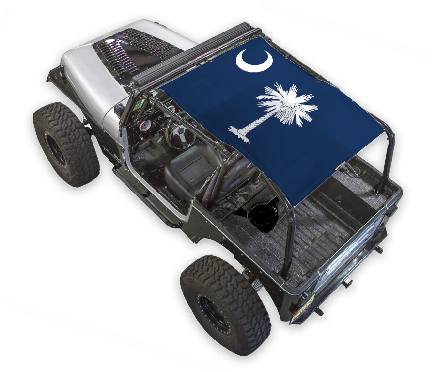 Sun shade top for Jeep Wrangler YJ by SPIDERWEBSHADE, blue printed palm-tree crescent-moon design (1987–1996).