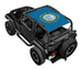 SpiderWebShade sun shade top on a black Jeep Wrangler TJ; blue printed shade with a yellow sunburst emblem