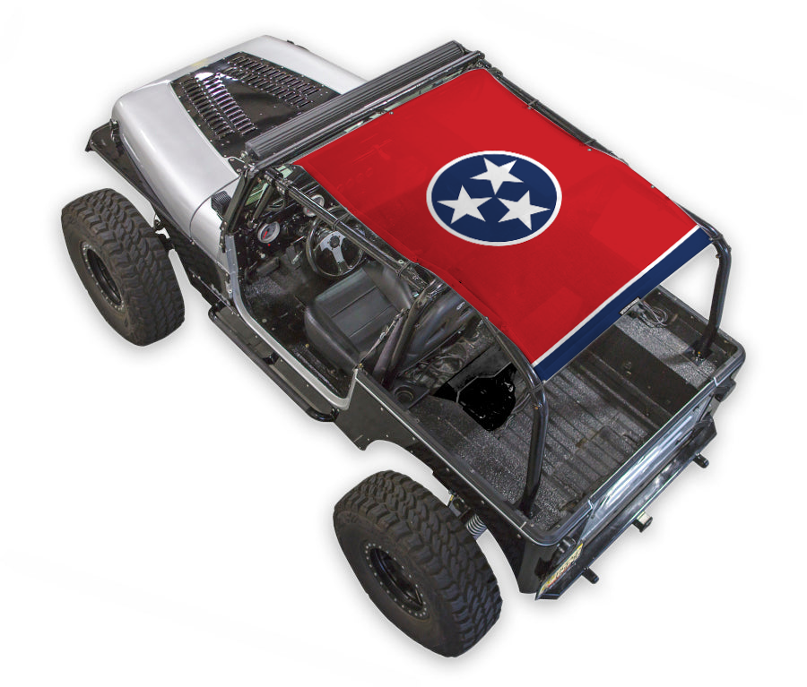 Sun shade top for Jeep Wrangler YJ (1987–1996); red printed shade with blue circle containing three white stars.