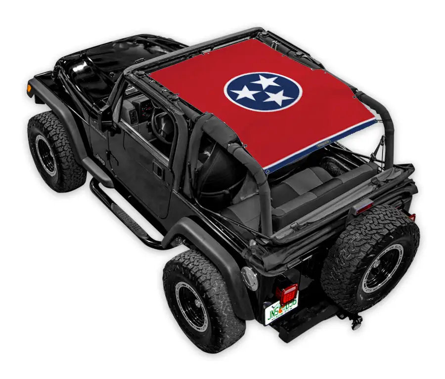 Sun shade for Jeep Wrangler TJ by SpiderWebShade, printed red top with Tennessee flag design (1997–2006)