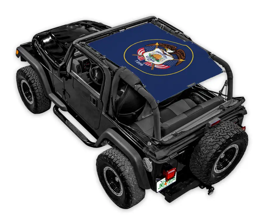SpiderWebShade sun shade for Jeep Wrangler TJ (1997–2006); blue printed top with emblem