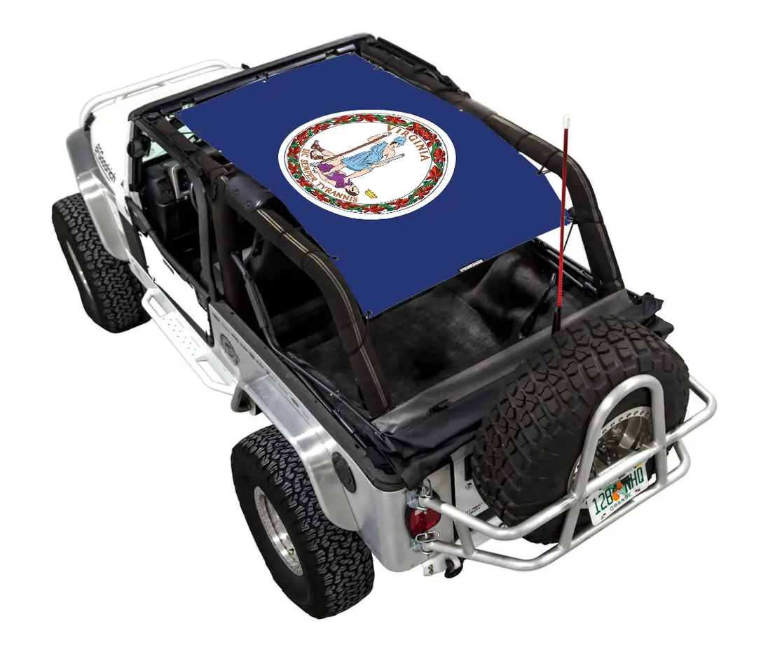 Sun Shade top by SpiderWebShade for Jeep Wrangler LJ (2004–2006); blue stock printed shade with Virginia seal.