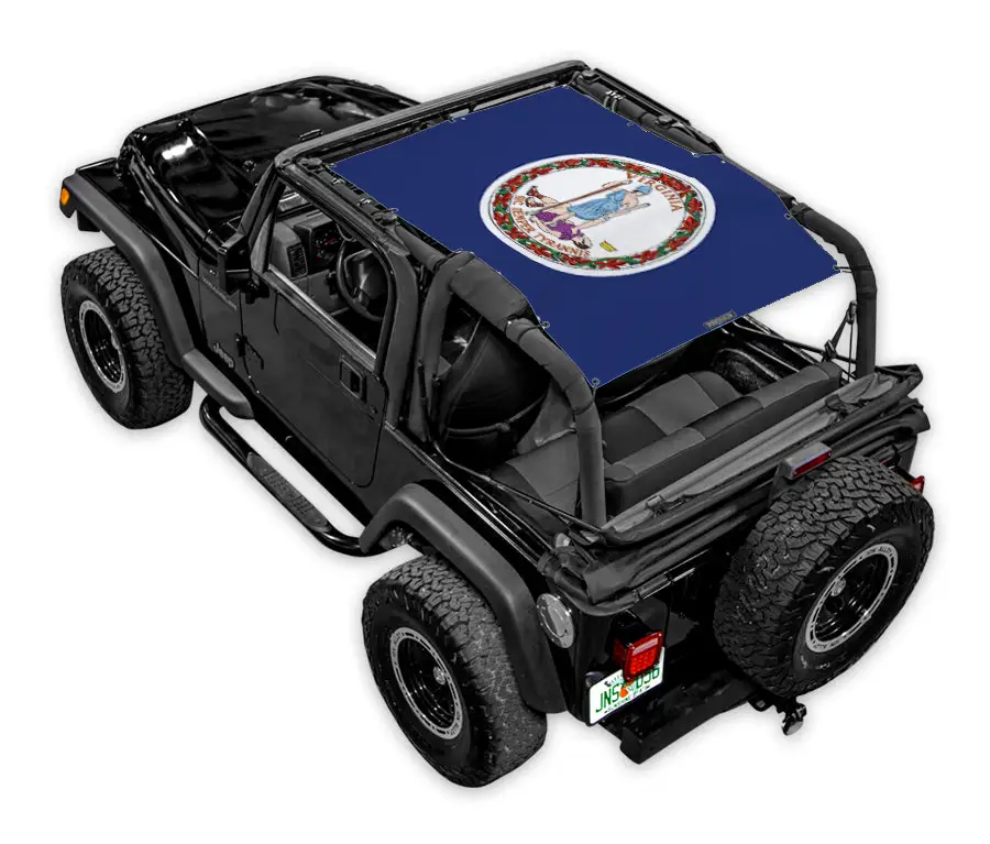 Sun shade SPIDERWEBSHADE for Jeep Wrangler TJ (1997–2006); blue shade top with round emblem.