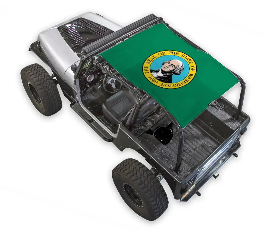 Sun shade top for Jeep Wrangler YJ (1987–1996), SPIDERWEBSHADE green printed shade with circular state seal emblem
