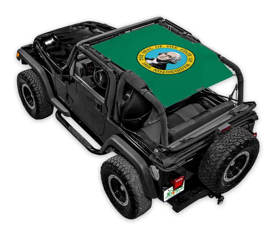 SPIDERWEBSHADE sun shade for Jeep Wrangler TJ, green printed shade top with circular emblem, includes stock graphics