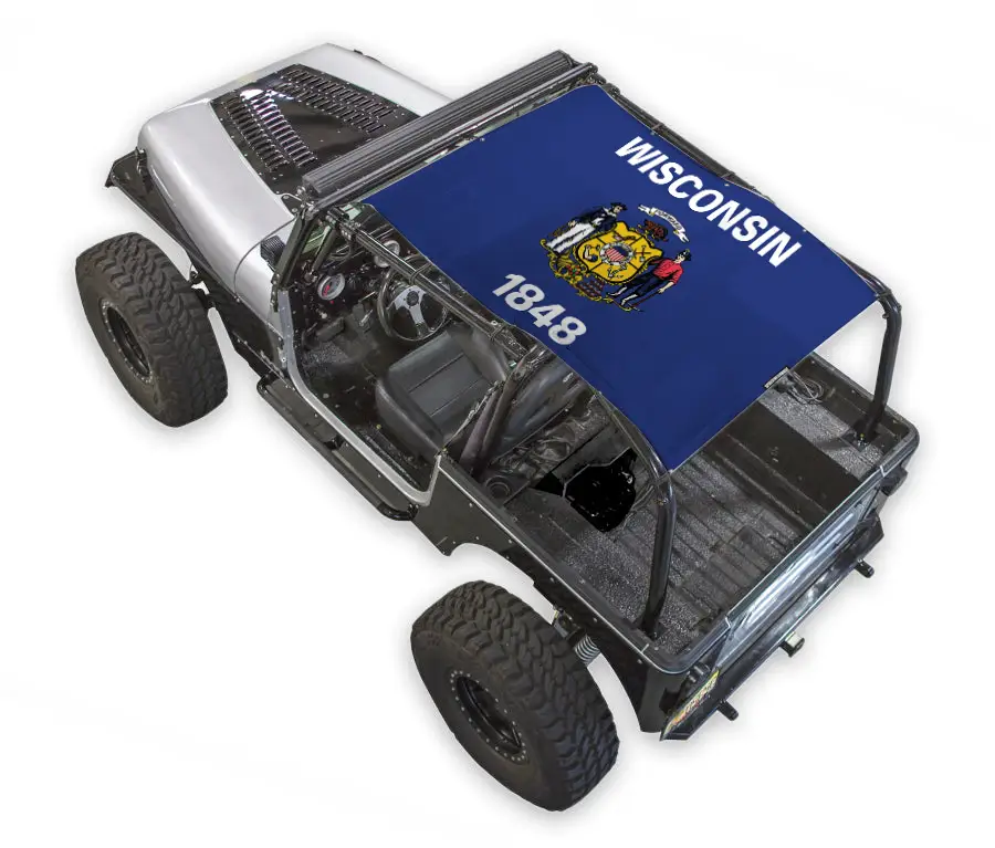 Sun shade top for Jeep Wrangler YJ (1987–1996) by SPIDERWEBSHADE with blue Wisconsin flag print.