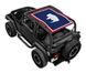 Sun shade top for Jeep Wrangler TJ by SPIDERWEBSHADE; blue printed shade with white buffalo emblem.