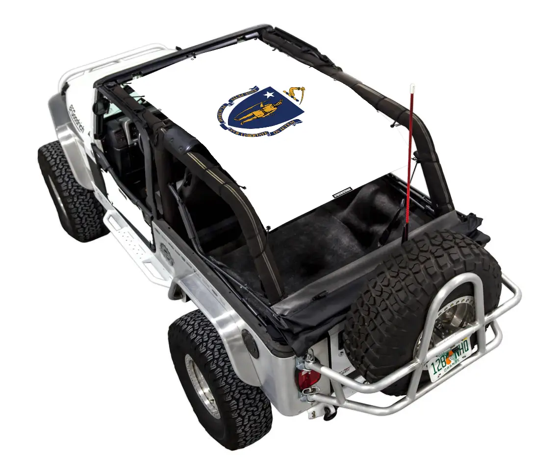 Sun Shade for Jeep Wrangler LJ (2004-2006) by SpiderWebShade; white shade top with printed logo.