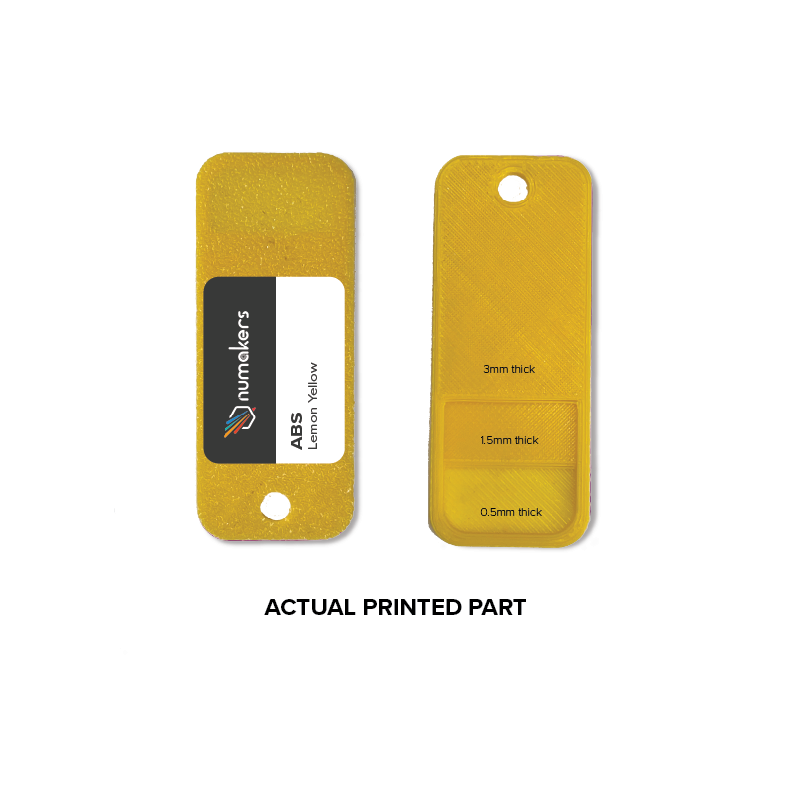 ABS Filament sample card by Numakers in lemon yellow; two cards show thickness marks (3mm/1.5mm/0.5mm)