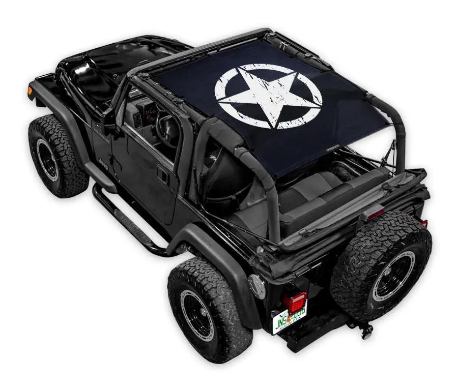 Sun shade for Jeep Wrangler TJ by SPIDERWEBSHADE; black shade top with white star logo