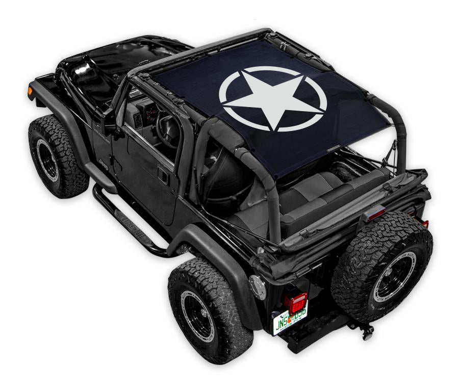SPIDERWEBSHADE Sun Shade for Jeep Wrangler TJ (1997–2006), navy stock printed shade top with white star logo