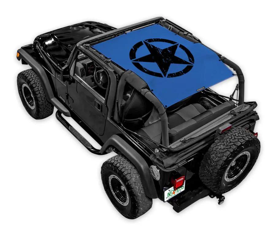 Sun shade SpiderWebShade for Jeep Wrangler TJ (1997–2006), blue printed top with black star logo