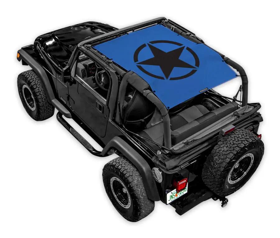 Sun shade SpiderWebShade for Jeep Wrangler TJ; blue with black star logo.