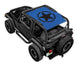 Sun shade SpiderWebShade for Jeep Wrangler TJ; blue with black star logo.