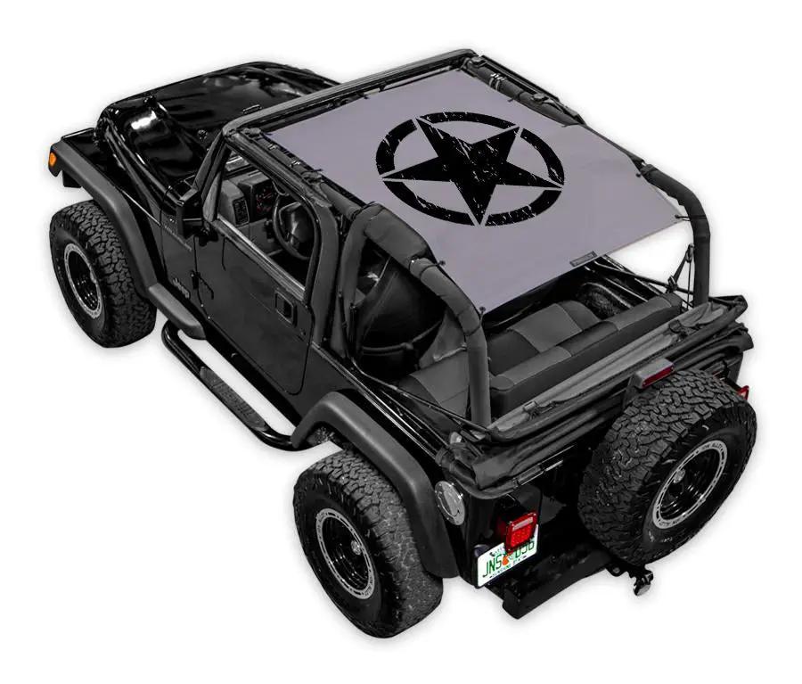 Sun shade for Jeep Wrangler TJ by SpiderWebShade; gray stock printed top with black star logo