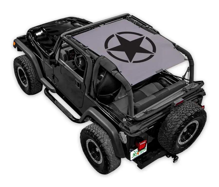 SpiderWebShade Sun Shade Top for Jeep Wrangler TJ (1997–2006); gray shade with black star logo.