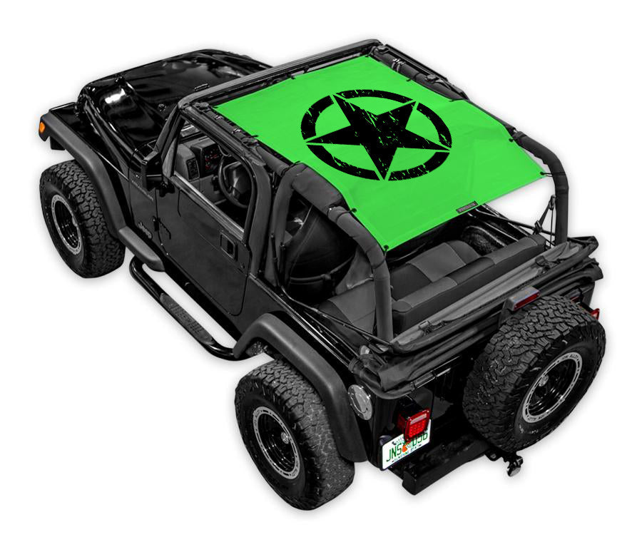 Jeep Wrangler TJ sun shade by SpiderWebShade - green stock-printed shade top