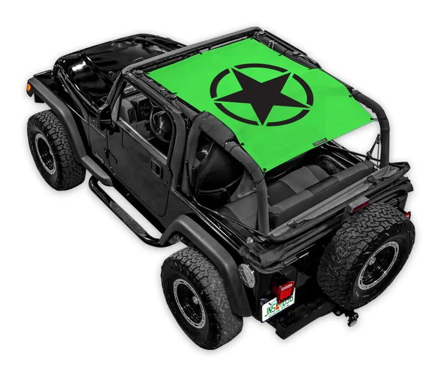 Sun shade SpiderWebShade for Jeep Wrangler TJ (1997–2006); neon green printed top with black star logo.
