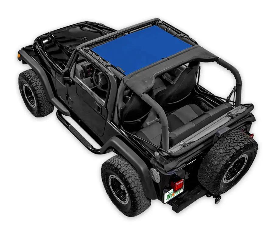 Sun Shade for Jeep Wrangler TJ 1997–2006 by SPIDERWEBSHADE, blue solid shade panel.