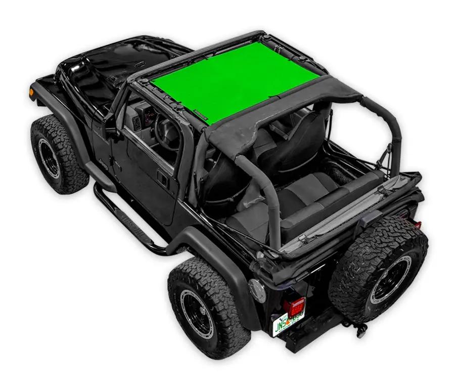 Sun shade for Jeep Wrangler TJ by SpiderWebShade; solid green shade top (1997–2006)