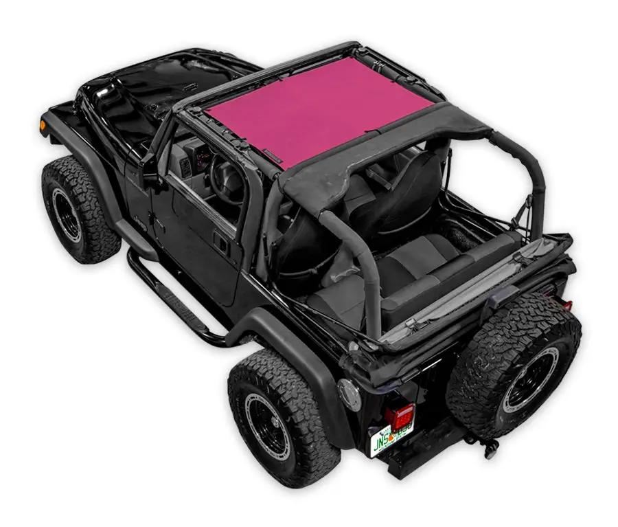 Sun Shade by SPIDERWEBSHADE for Jeep Wrangler TJ (1997–2006), pink solid color top.