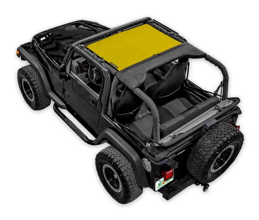 Sun shade by SPIDERWEBSHADE for Jeep Wrangler TJ (1997–2006), yellow solid color shade top.