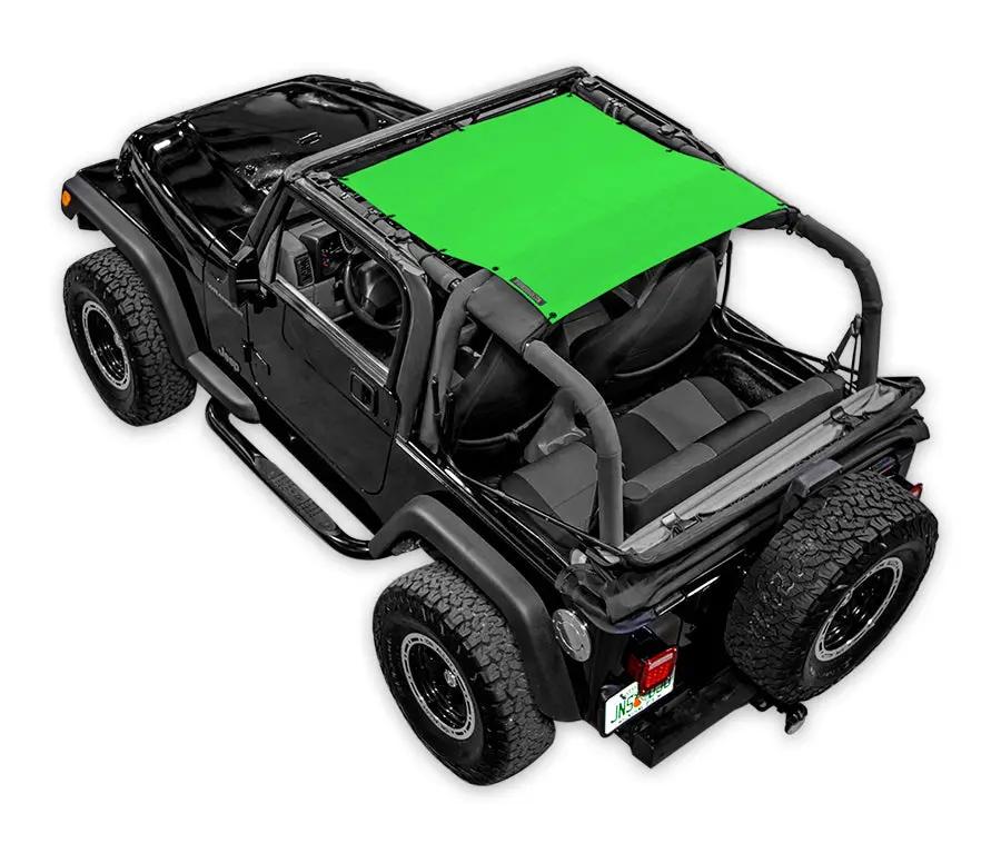 SPIDERWEBSHADE sun shade for Jeep Wrangler TJ (1997–2006), bright green panel on black jeep