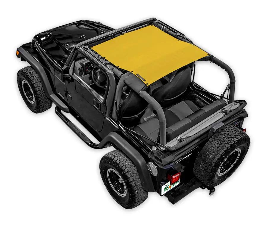 Sun Shade for Jeep Wrangler TJ by SPIDERWEBSHADE (1997–2006), solid yellow shade top.