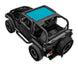 Sun shade for Jeep Wrangler TJ by SPIDERWEBSHADE; blue shade panel on a black open-top vehicle.