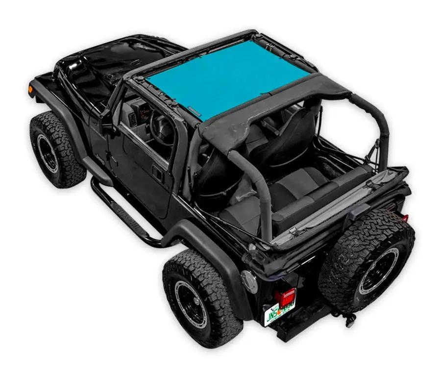 Sun shade for Jeep Wrangler TJ by SPIDERWEBSHADE; blue shade panel on a black open-top vehicle.