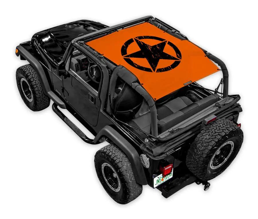 Sun Shade for Jeep Wrangler TJ (1997–2006) by SPIDERWEBSHADE, orange shade with black logo